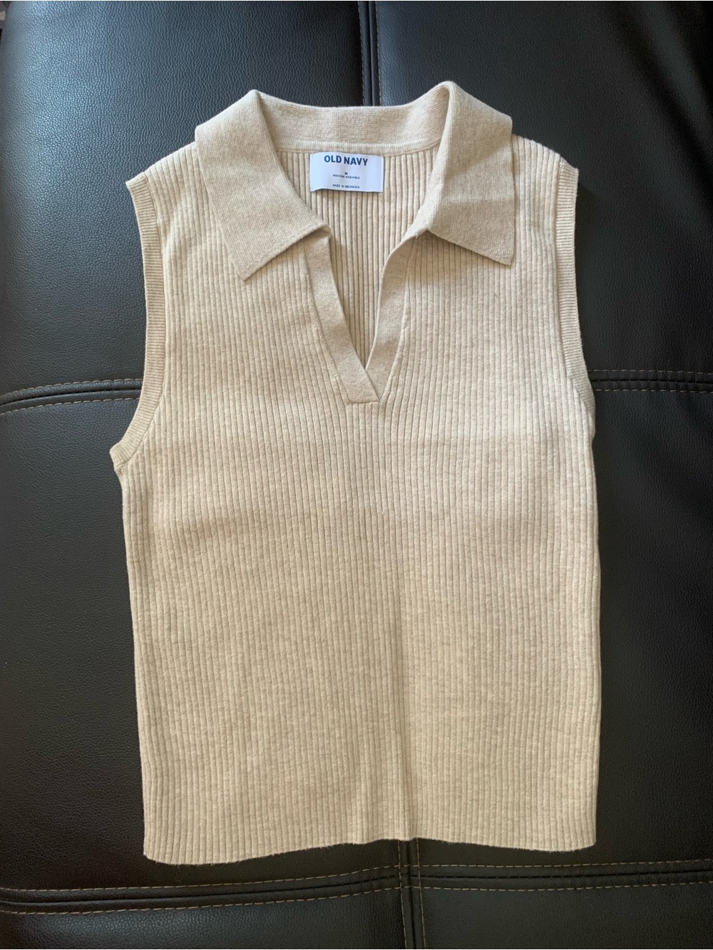 Old Navy Beige Ribbed Sleeveless Polo Tank